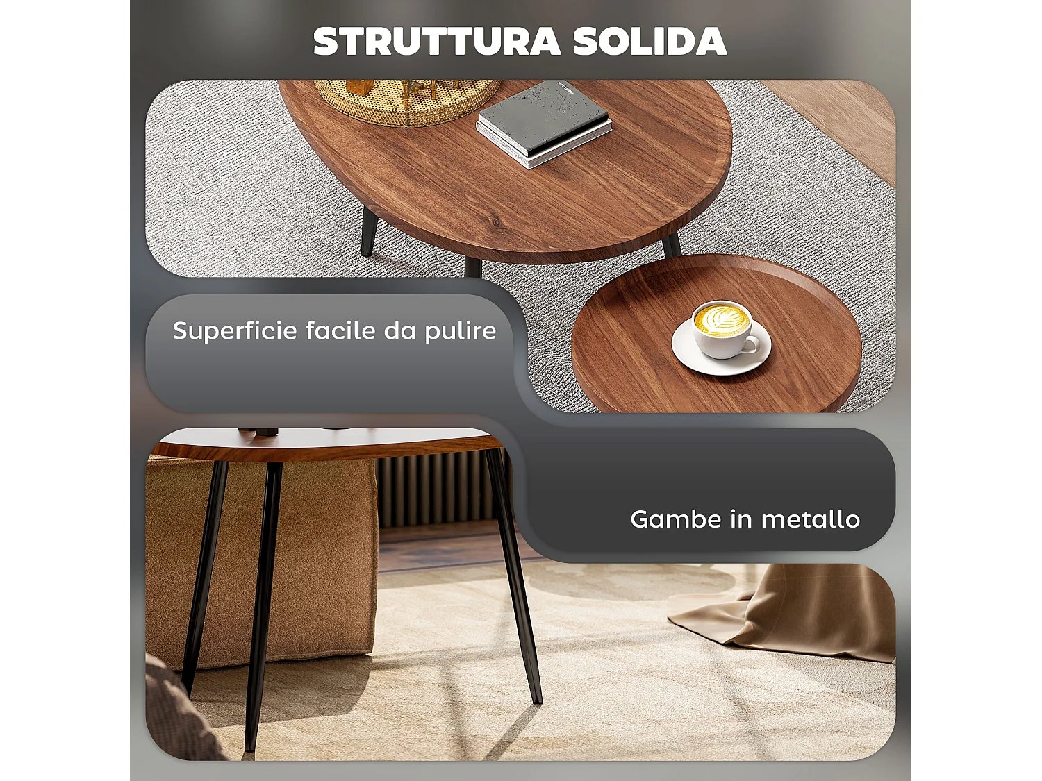 Set 2 tavolini da salotto sovrapponibili in legno e metallo marrone