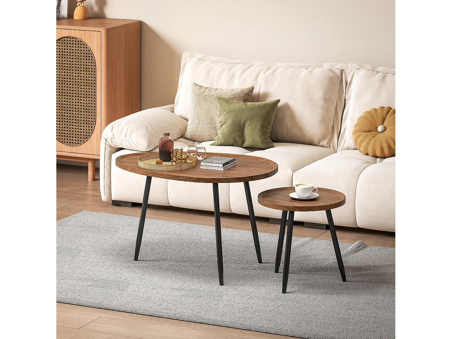 Set 2 tavolini da salotto sovrapponibili in legno e metallo marrone