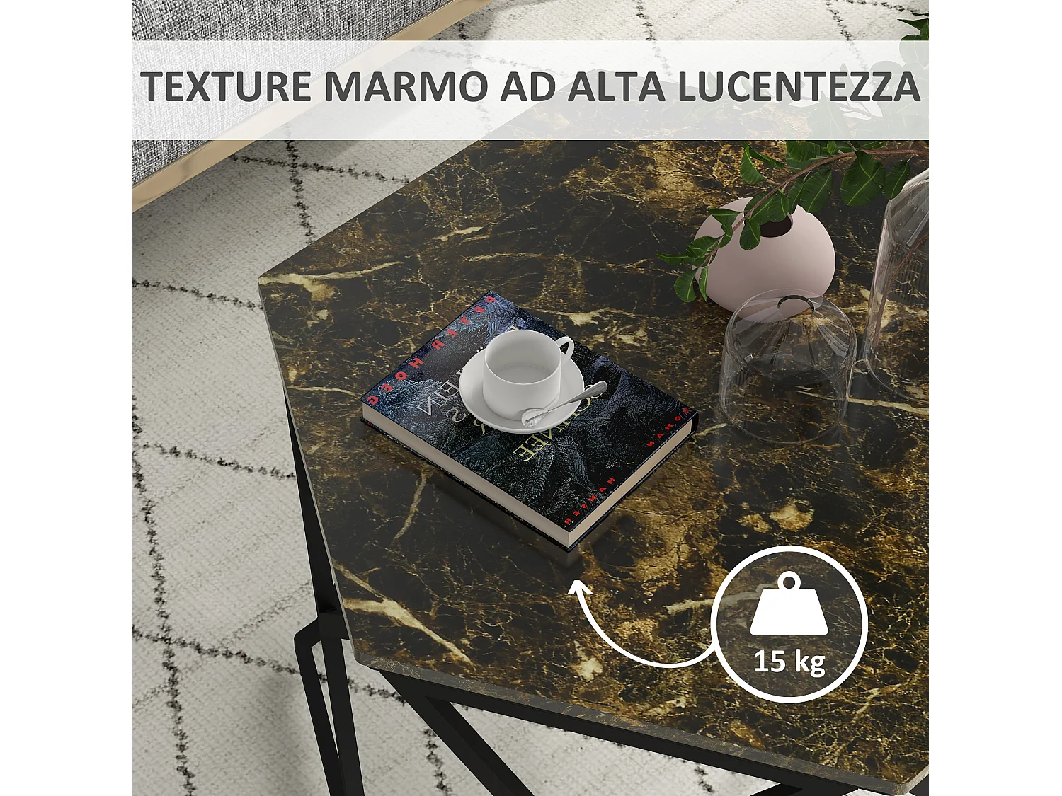 Tavolino da salotto moderno effetto marmo in mdf e acciaio nero