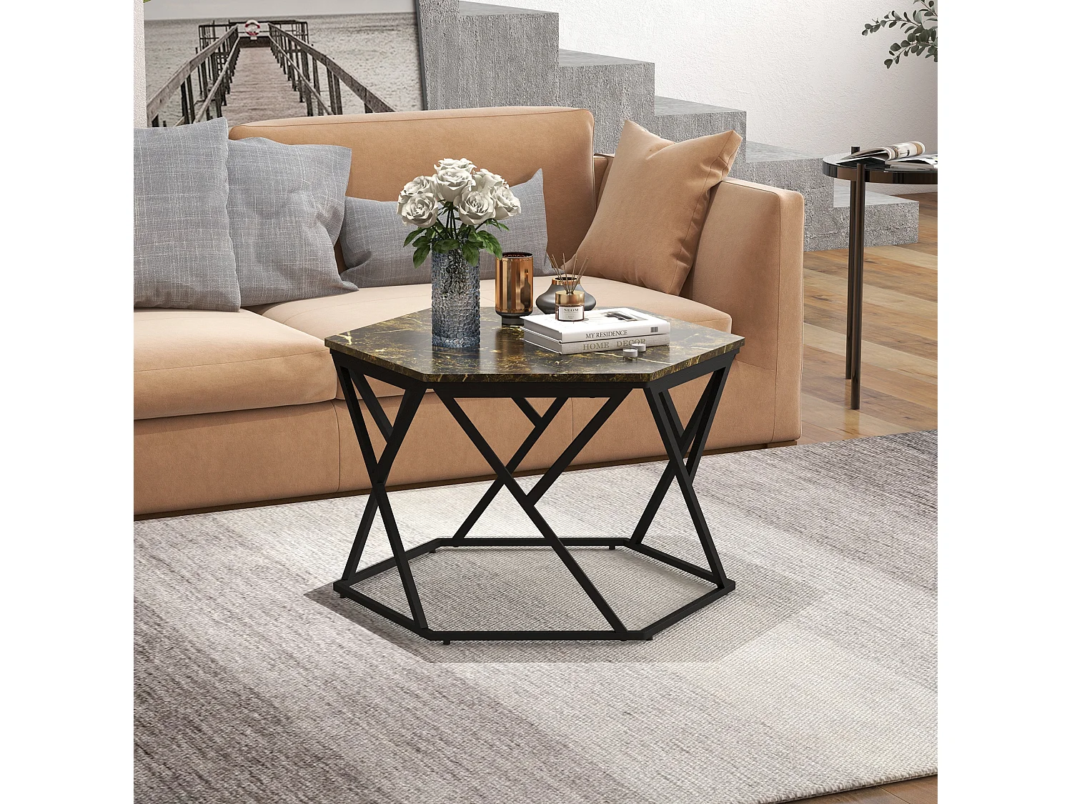 Tavolino da salotto moderno effetto marmo in mdf e acciaio nero