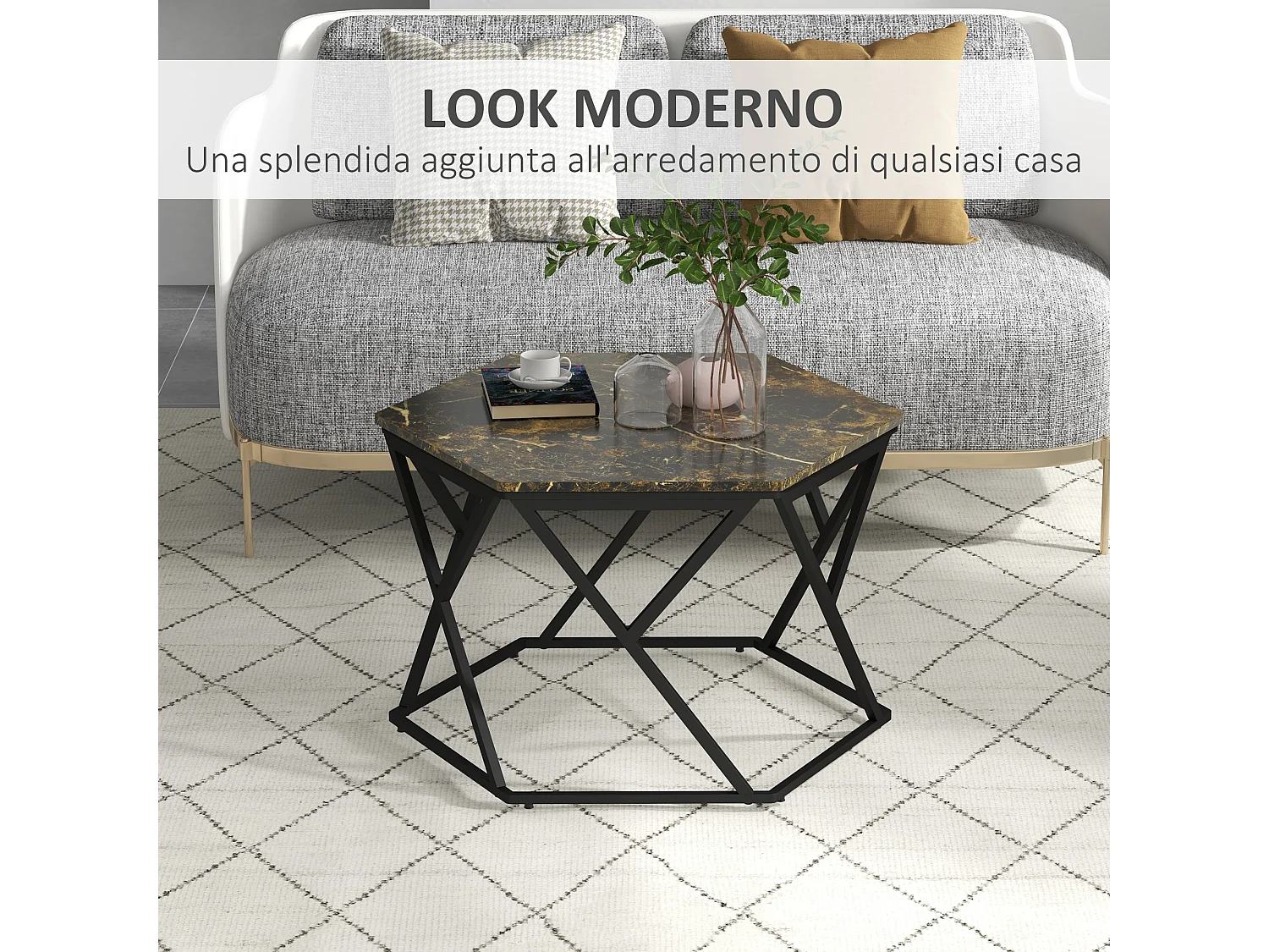 Tavolino da salotto moderno effetto marmo in mdf e acciaio nero