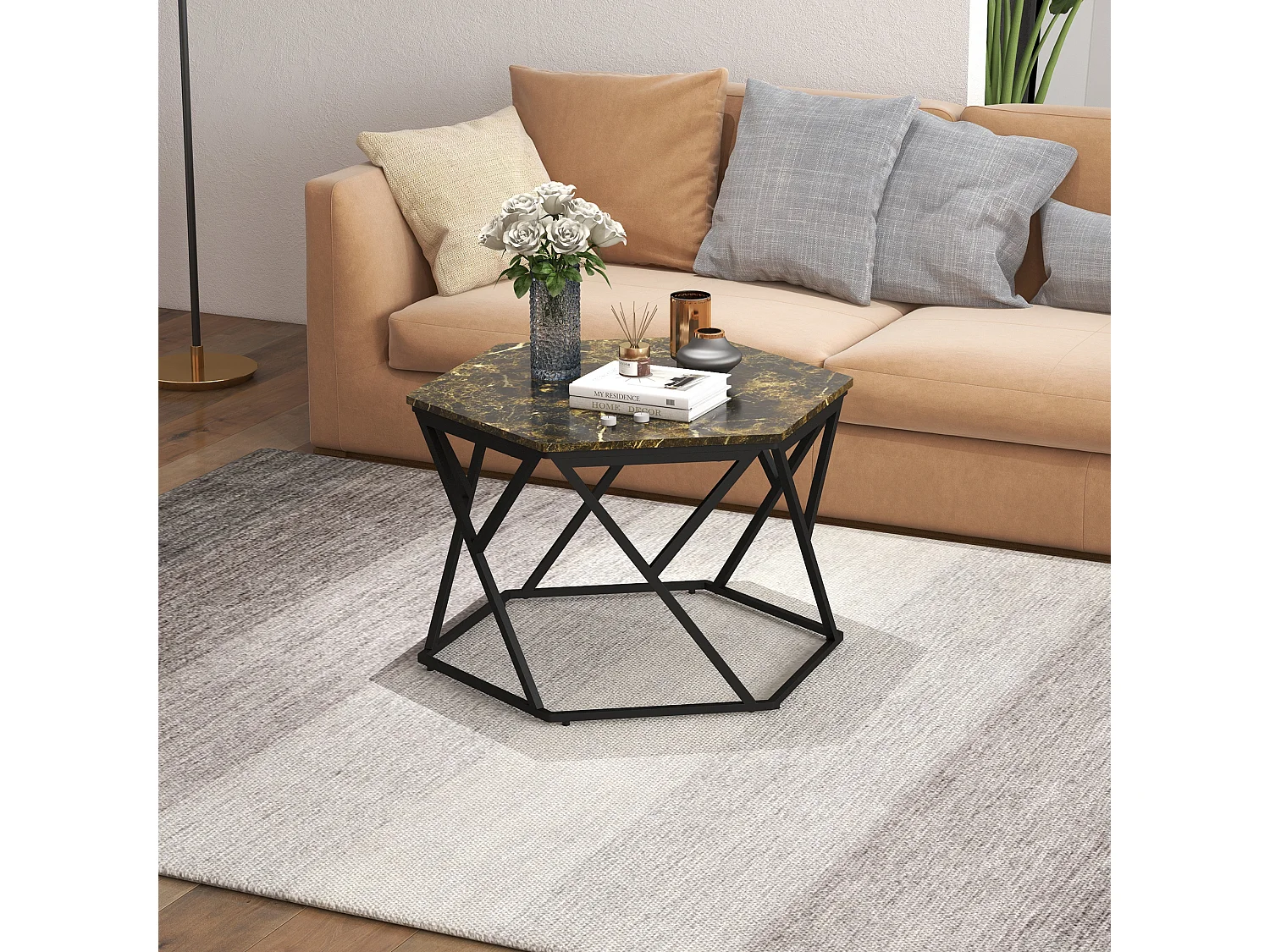 Tavolino da salotto moderno effetto marmo in mdf e acciaio nero