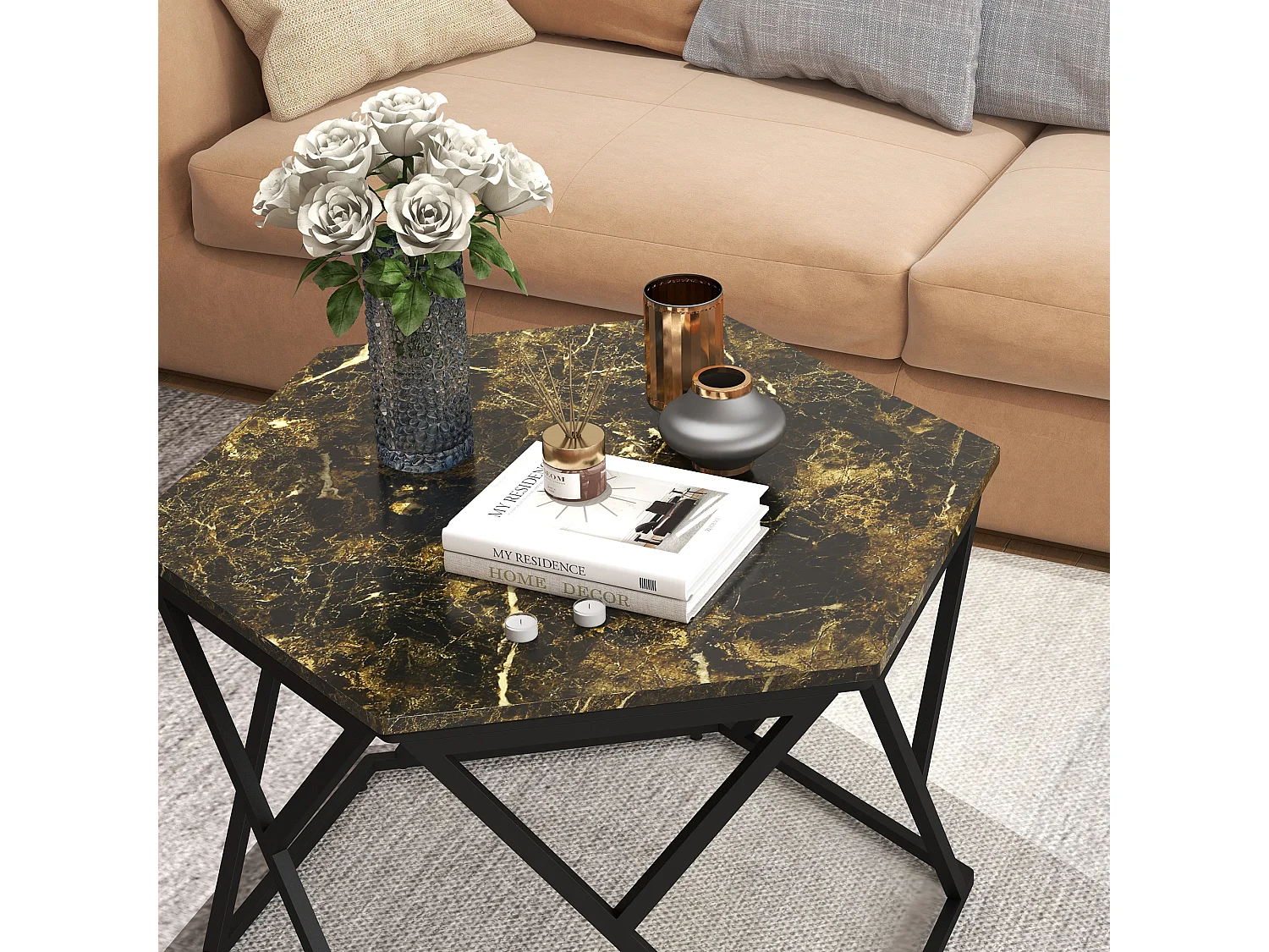 Tavolino da salotto moderno effetto marmo in mdf e acciaio nero