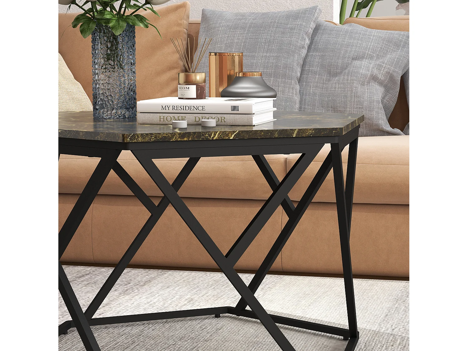 Tavolino da salotto moderno effetto marmo in mdf e acciaio nero
