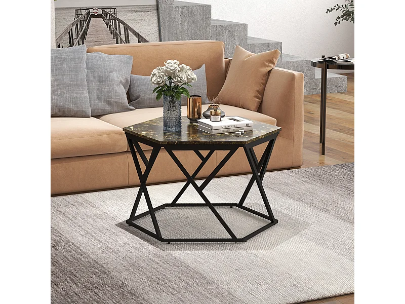 Tavolino da salotto moderno effetto marmo in mdf e acciaio nero