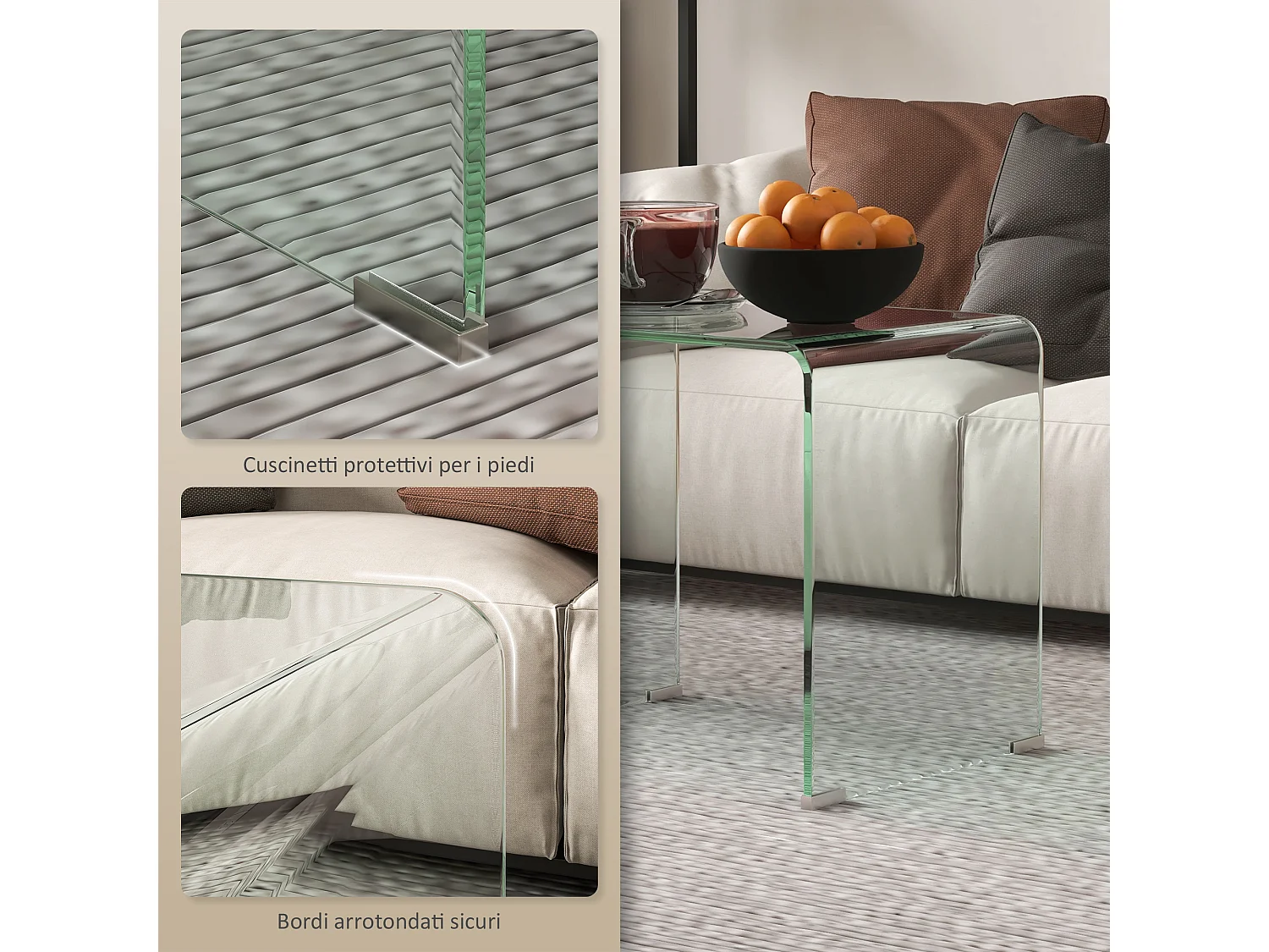 Tavolino da caffè moderno e monoblocco in vetro temperato 50x40x45 cm