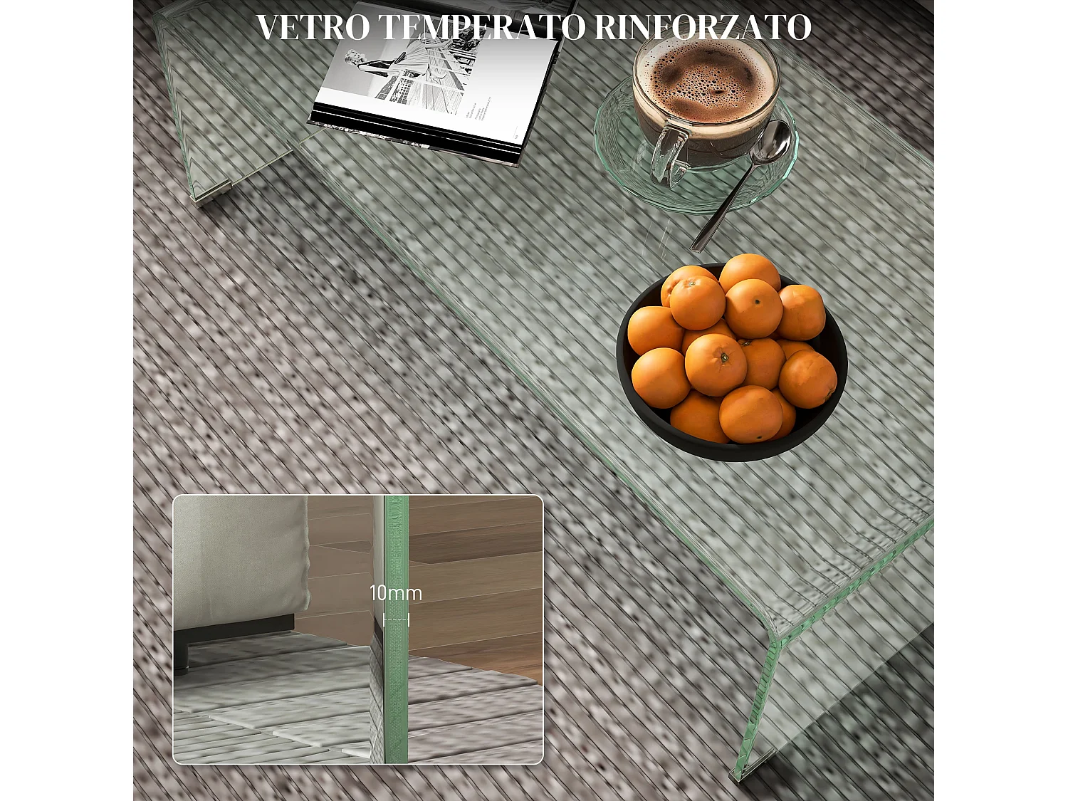 Tavolino da caffè moderno e monoblocco in vetro temperato 100x50x35 cm