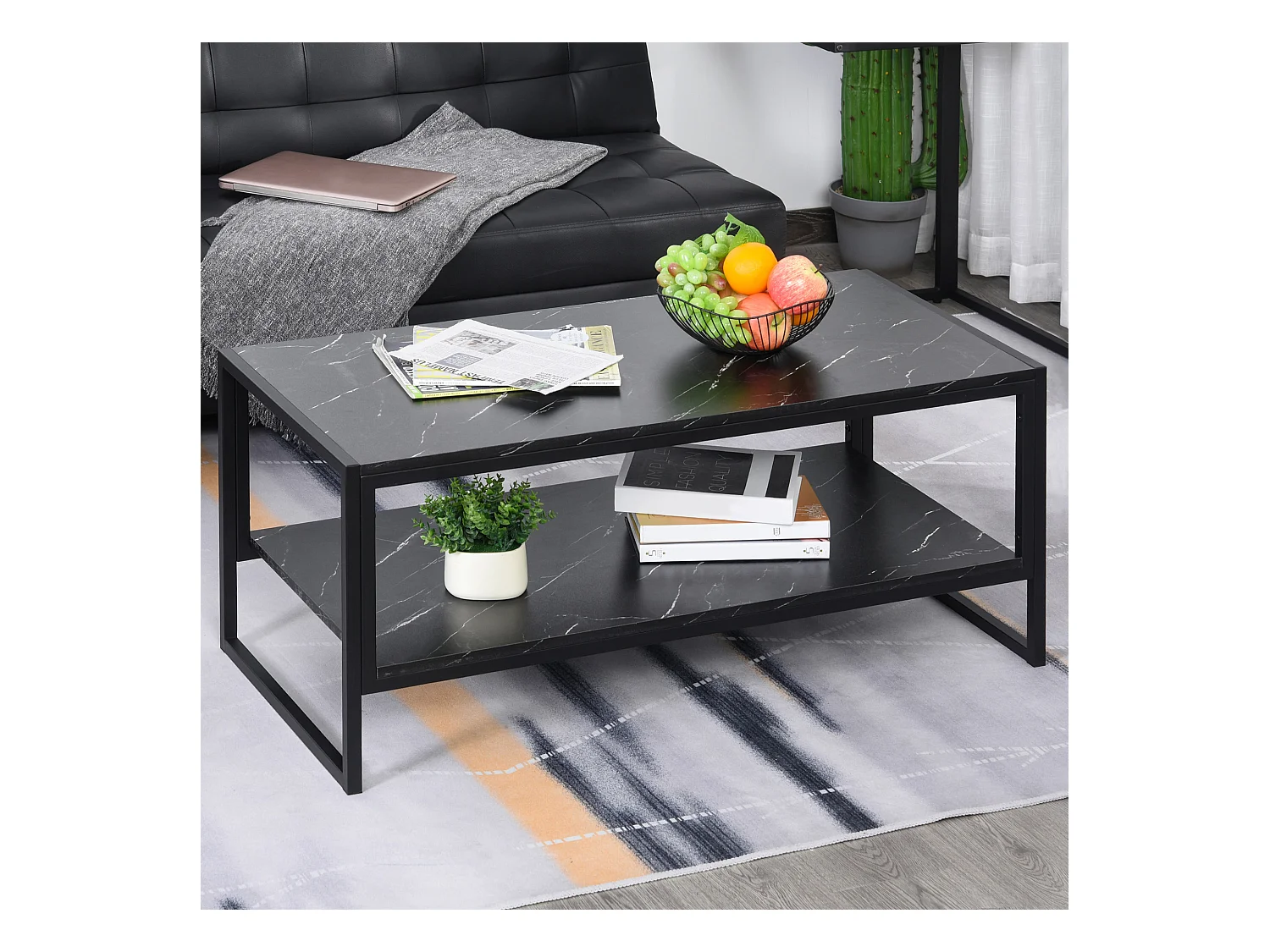 Tavolino da caffè nero effetto marmo con ripiano