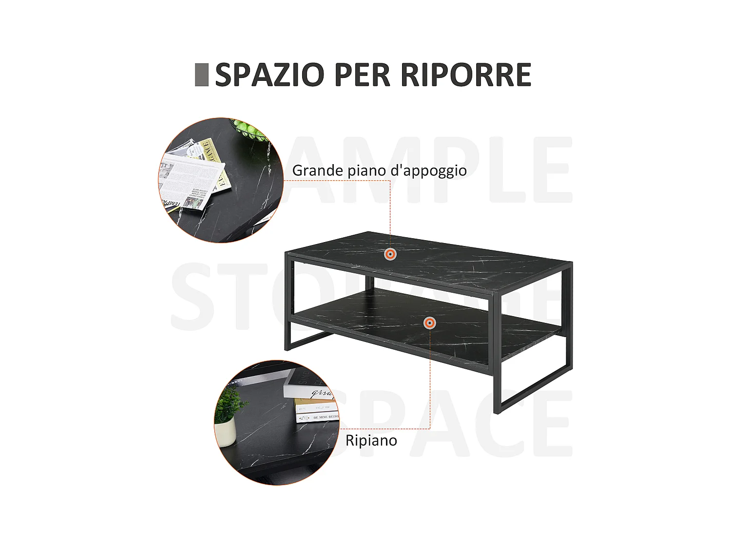 Tavolino da caffè nero effetto marmo con ripiano