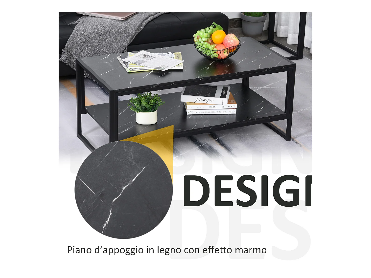 Tavolino da caffè nero effetto marmo con ripiano