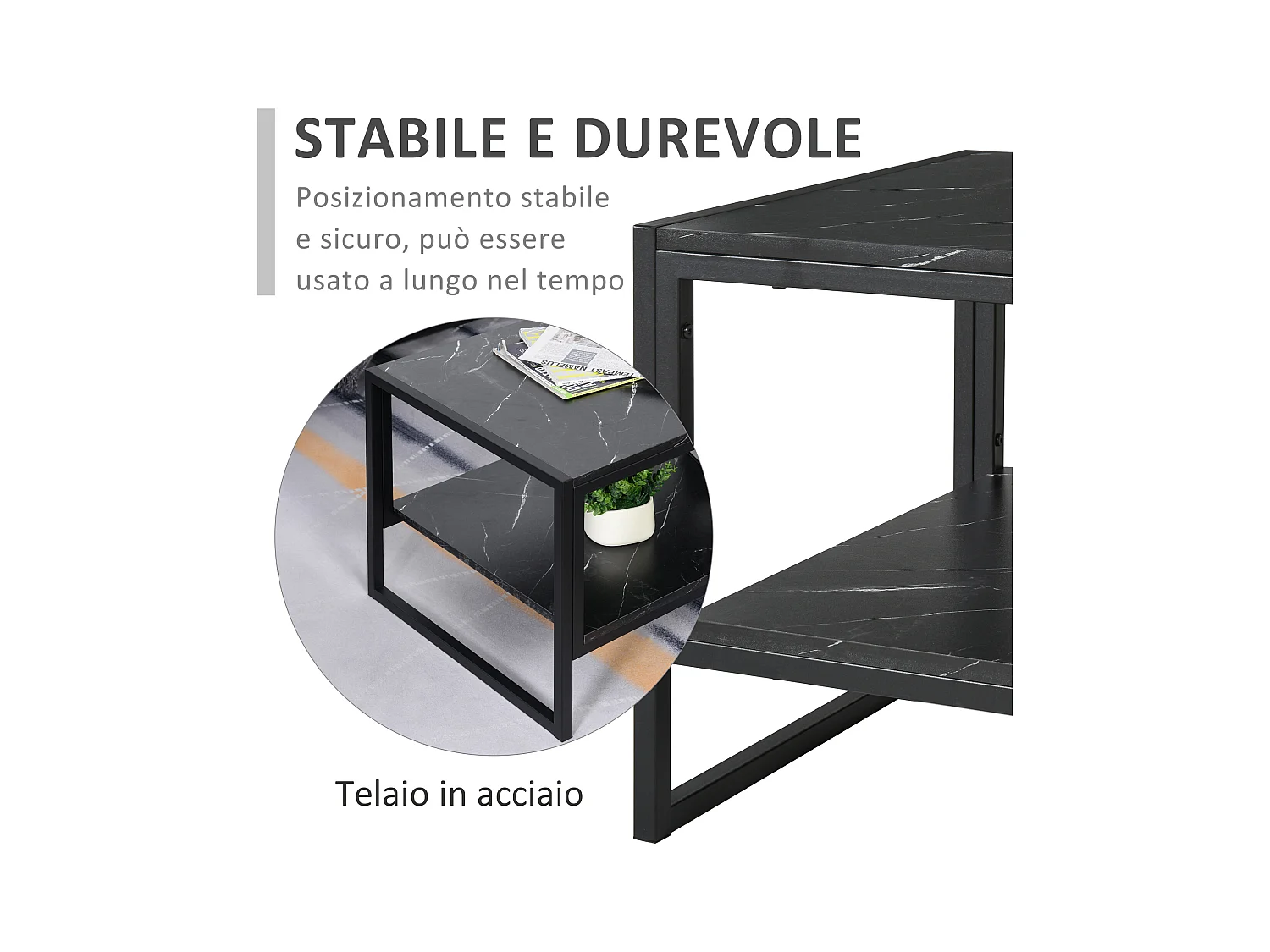 Tavolino da caffè nero effetto marmo con ripiano
