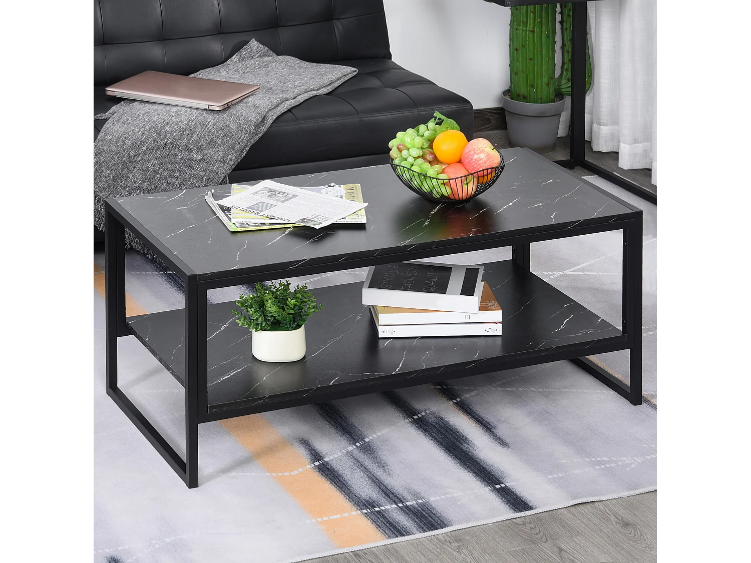 Tavolino da caffè nero effetto marmo con ripiano