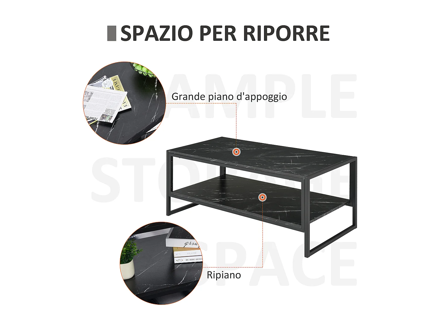 Tavolino da caffè nero effetto marmo con ripiano