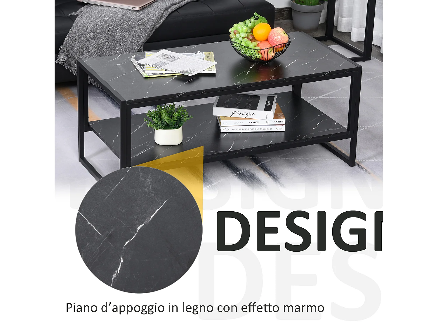 Tavolino da caffè nero effetto marmo con ripiano