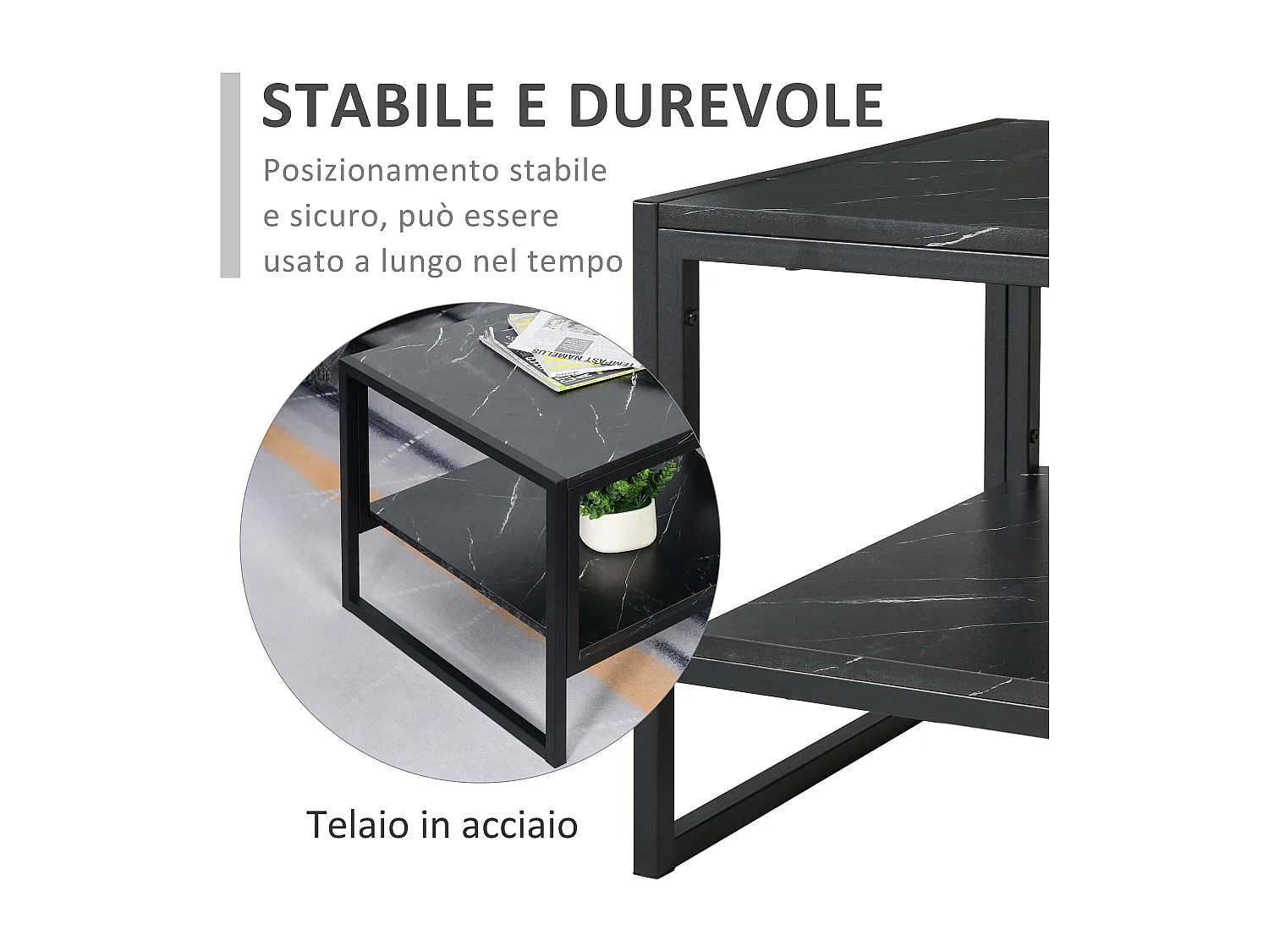 Tavolino da caffè nero effetto marmo con ripiano