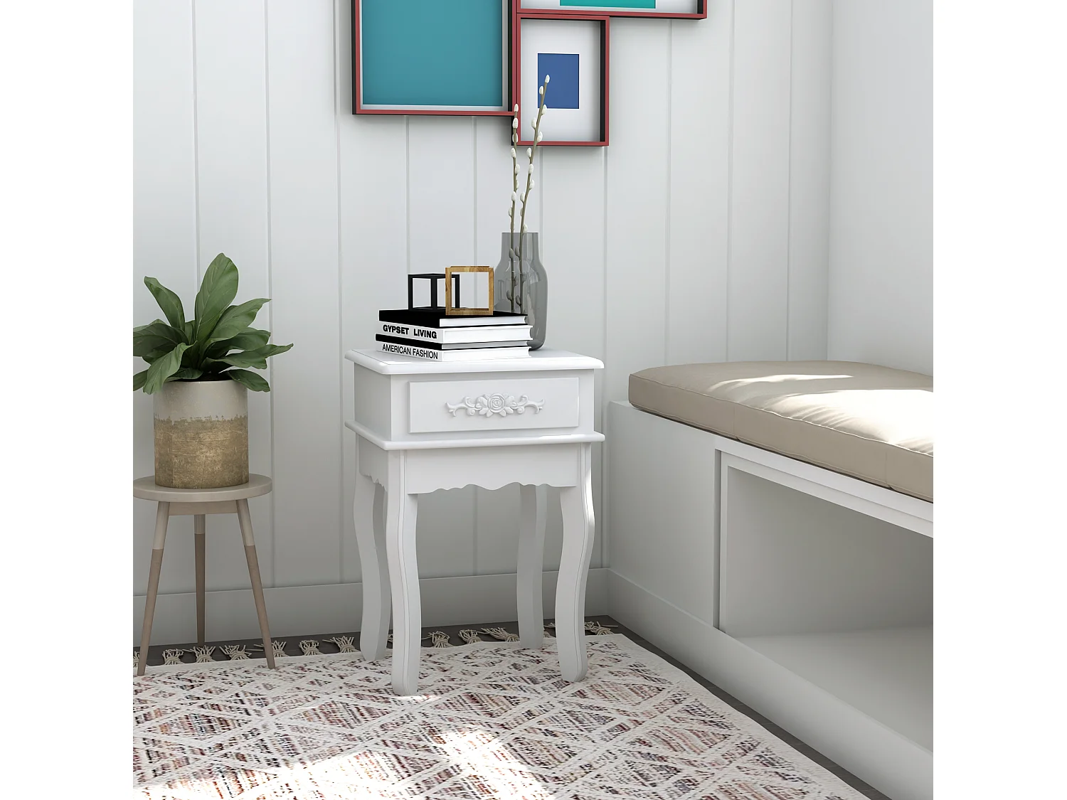 Tavolino da divano con cassetto multiuso in legno bianco