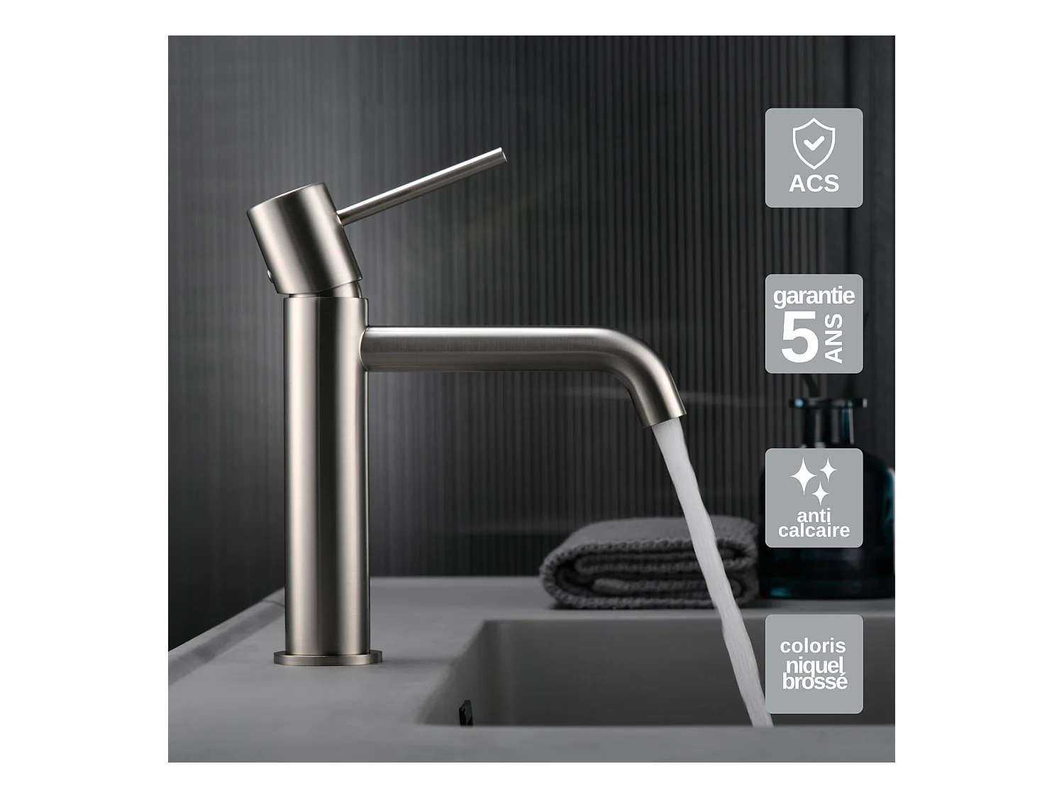 Mitigeur Lavabo Salle de Bain niquel brossé – Bec Bas Anti-Calcaire – Design Moderne - MONZA IMEX