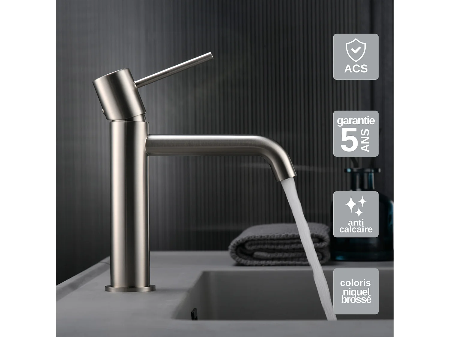 Mitigeur Lavabo Salle de Bain niquel brossé – Bec Bas Anti-Calcaire – Design Moderne - MONZA IMEX