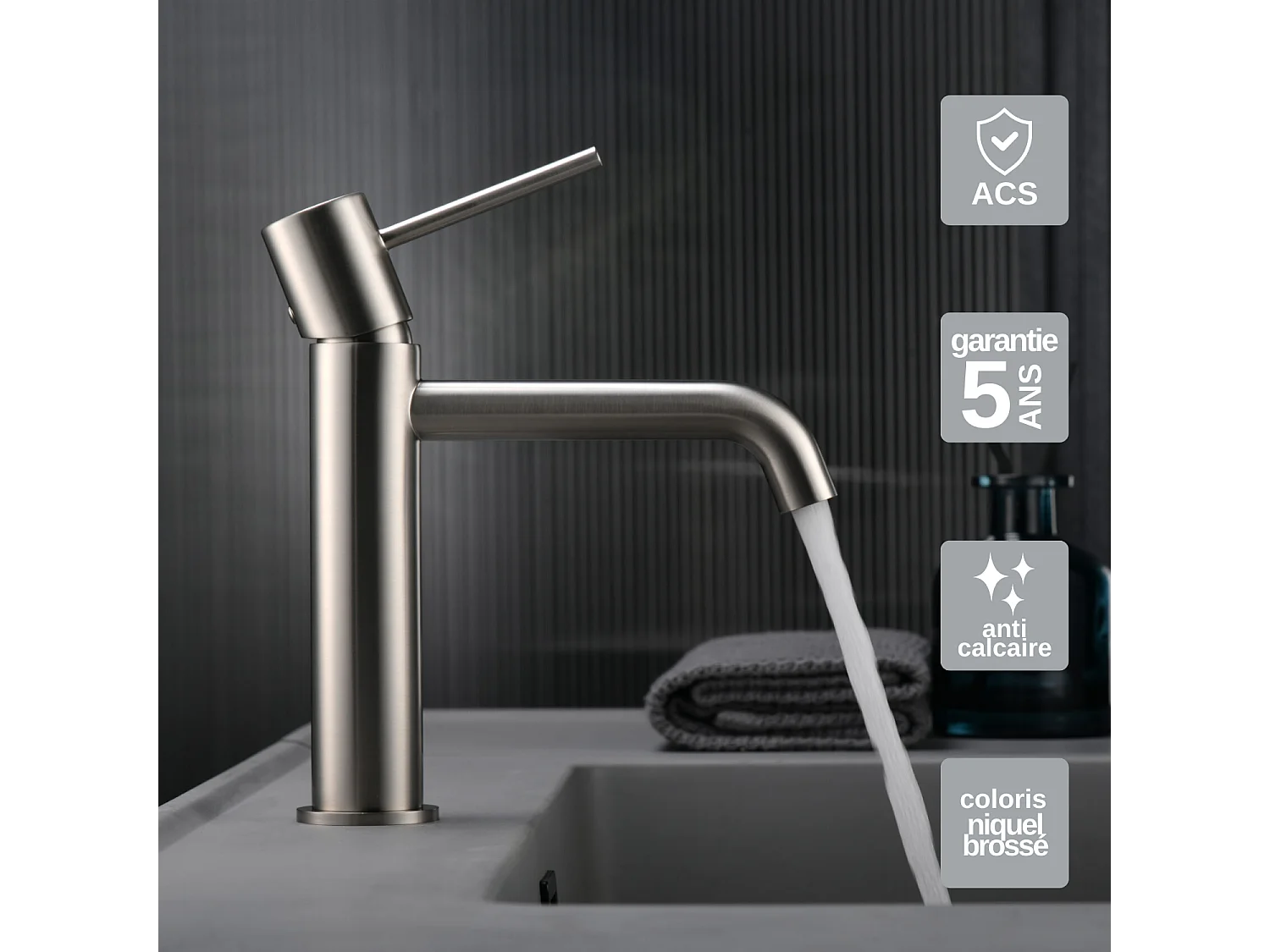 Mitigeur Lavabo Salle de Bain niquel brossé – Bec Bas Anti-Calcaire – Design Moderne - MONZA IMEX