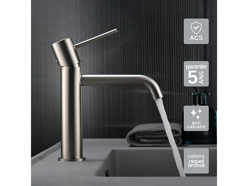 Mitigeur Lavabo Salle de Bain niquel brossé – Bec Bas Anti-Calcaire – Design Moderne - MONZA IMEX