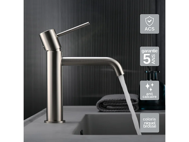 Mitigeur Lavabo Salle de Bain niquel brossé – Bec Bas Anti-Calcaire – Design Moderne - MONZA IMEX