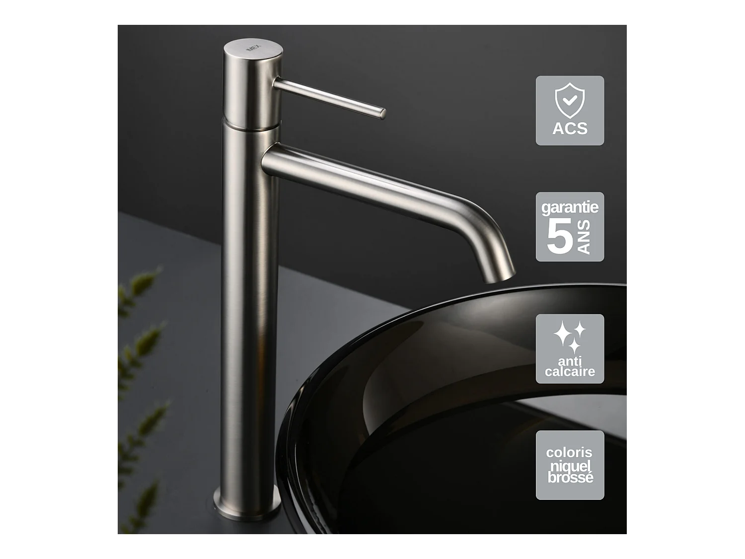 Mitigeur Lavabo Salle de Bain niquel brossé – Bec Haut Anti-Calcaire – Design Moderne - MONZA IMEX