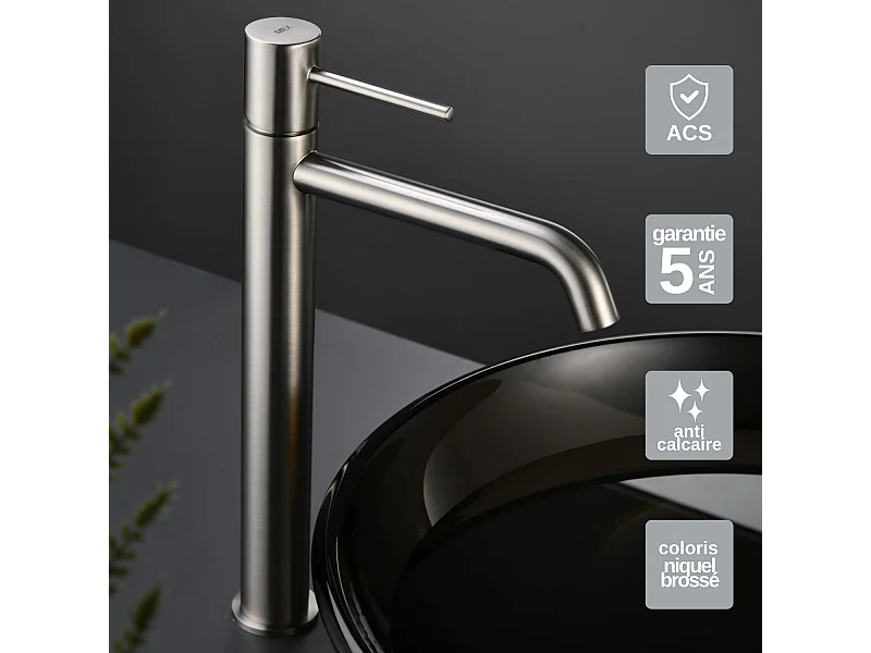 Mitigeur Lavabo Salle de Bain niquel brossé – Bec Haut Anti-Calcaire – Design Moderne - MONZA IMEX