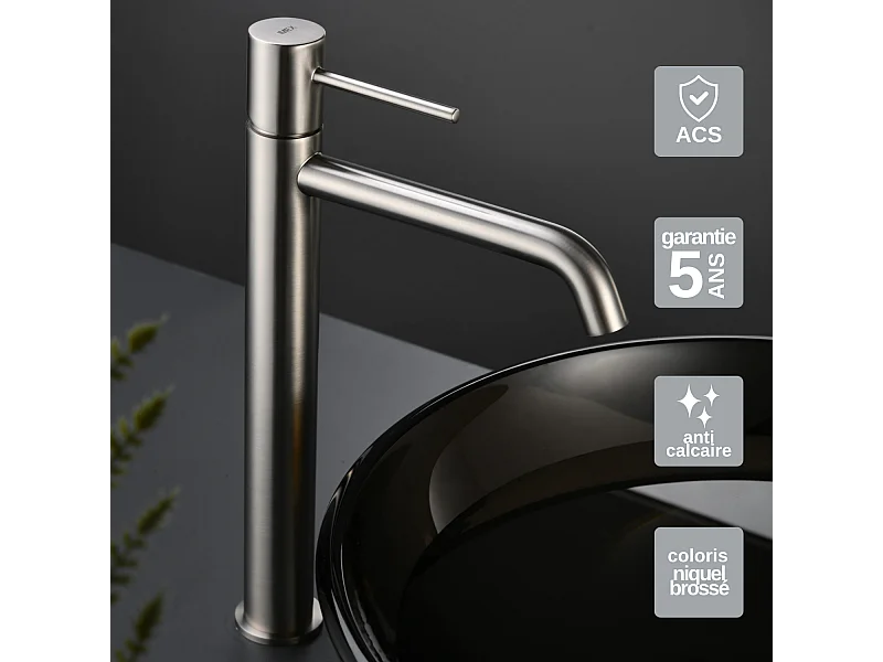 Mitigeur Lavabo Salle de Bain niquel brossé – Bec Haut Anti-Calcaire – Design Moderne - MONZA IMEX
