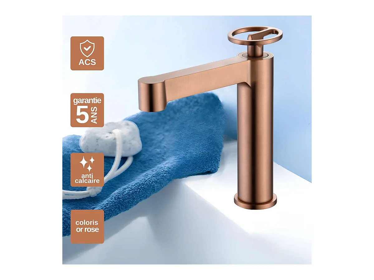 Robinet Mitigeur de Lavabo Anti-Calcaire Bec Bas Or Rose Cuivré OLIMPO BDC033-1ORC