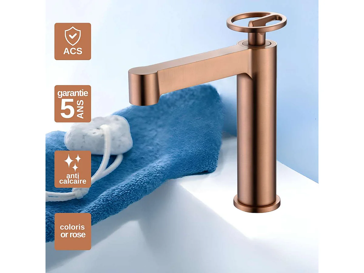 Robinet Mitigeur de Lavabo Anti-Calcaire Bec Bas Or Rose Cuivré OLIMPO BDC033-1ORC
