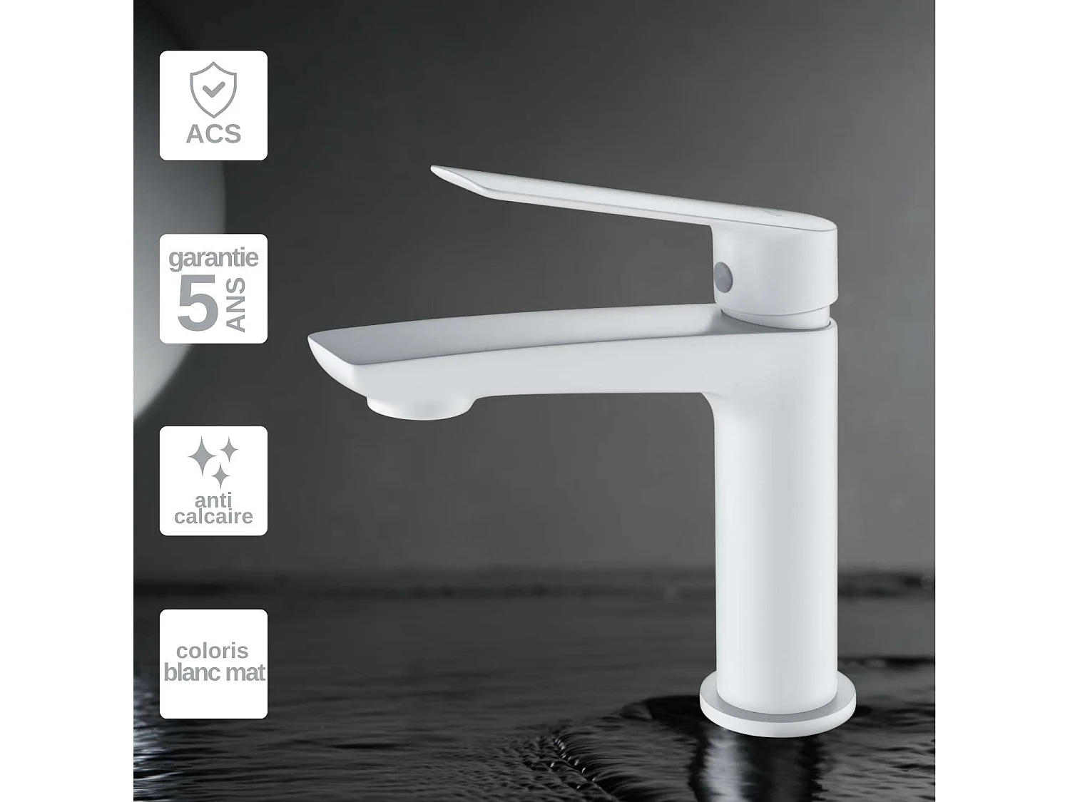 Mitigeur Lavabo Salle de Bain blanc mat – Bec Bas Anti-Calcaire – Design moderne - LUXOR IMEX