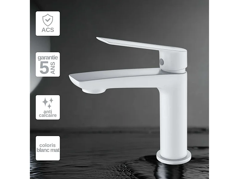 Mitigeur Lavabo Salle de Bain blanc mat – Bec Bas Anti-Calcaire – Design moderne - LUXOR IMEX