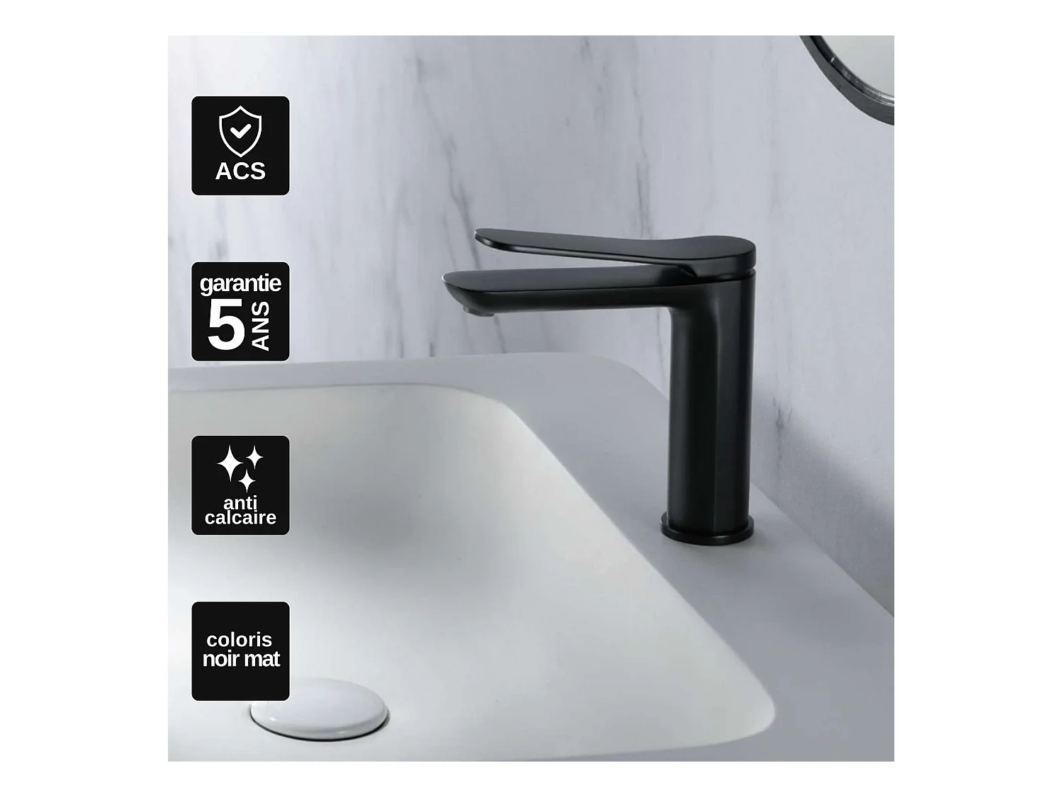Mitigeur Lavabo Salle de Bain noir mat – Bec Bas Anti-Calcaire – Design Moderne - DINAMARCA IMEX