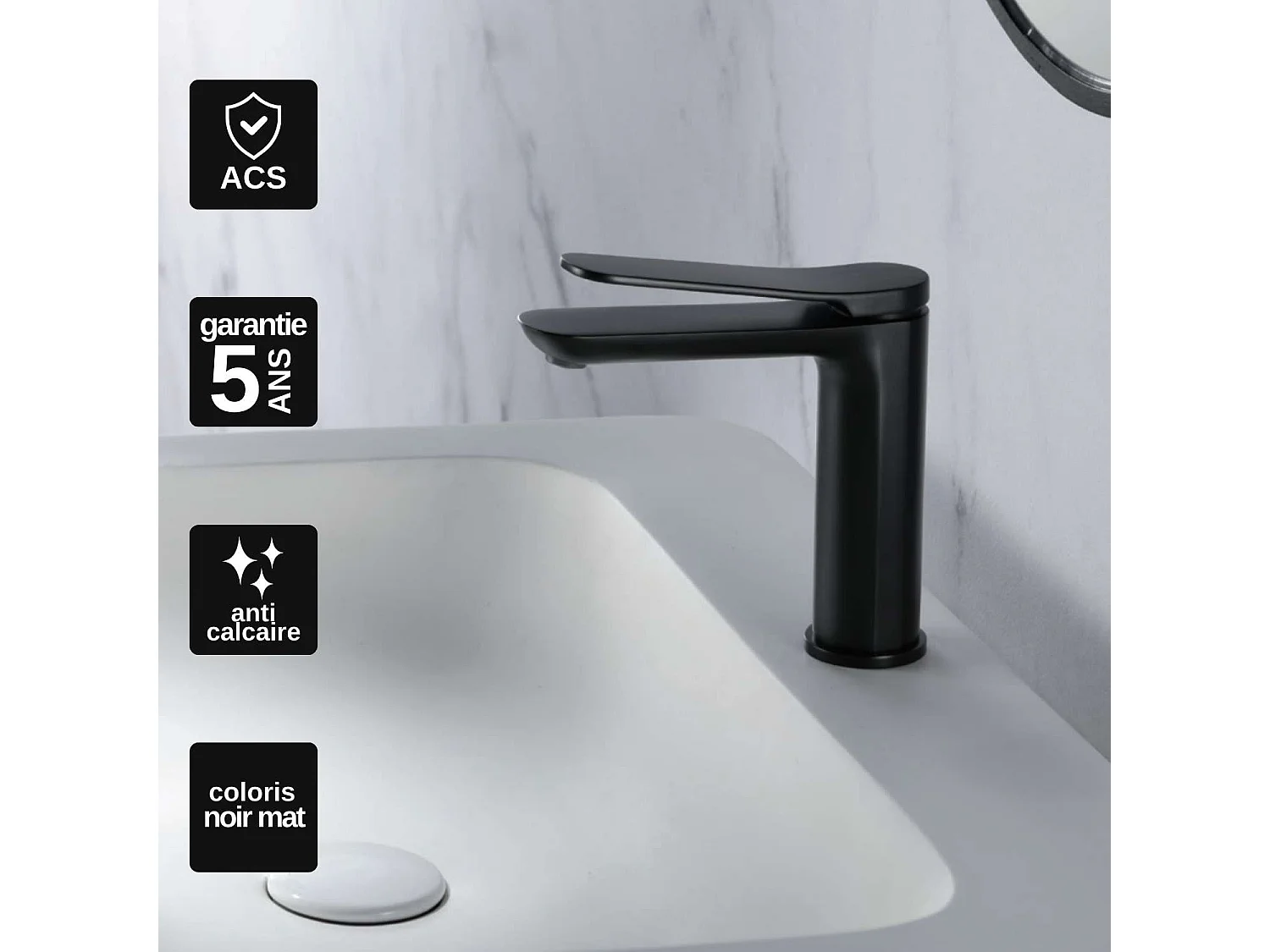 Mitigeur Lavabo Salle de Bain noir mat – Bec Bas Anti-Calcaire – Design Moderne - DINAMARCA IMEX