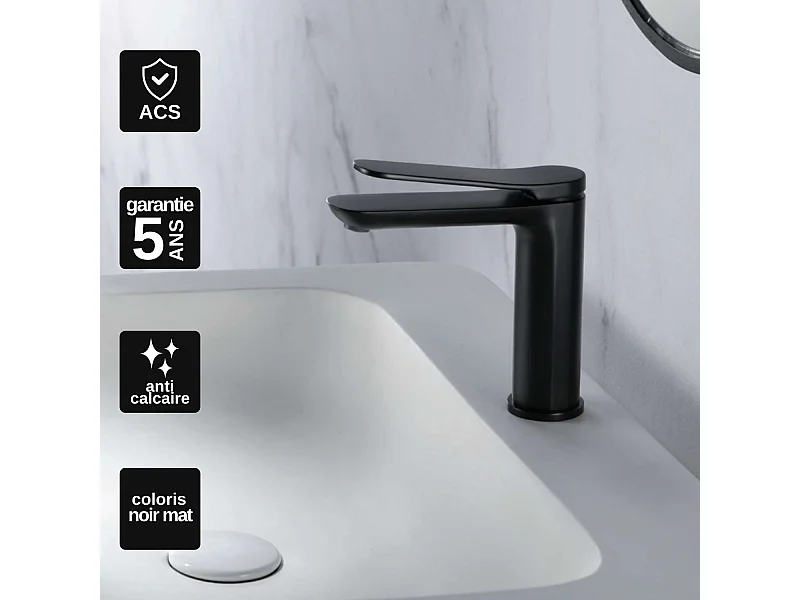 Mitigeur Lavabo Salle de Bain noir mat – Bec Bas Anti-Calcaire – Design Moderne - DINAMARCA IMEX