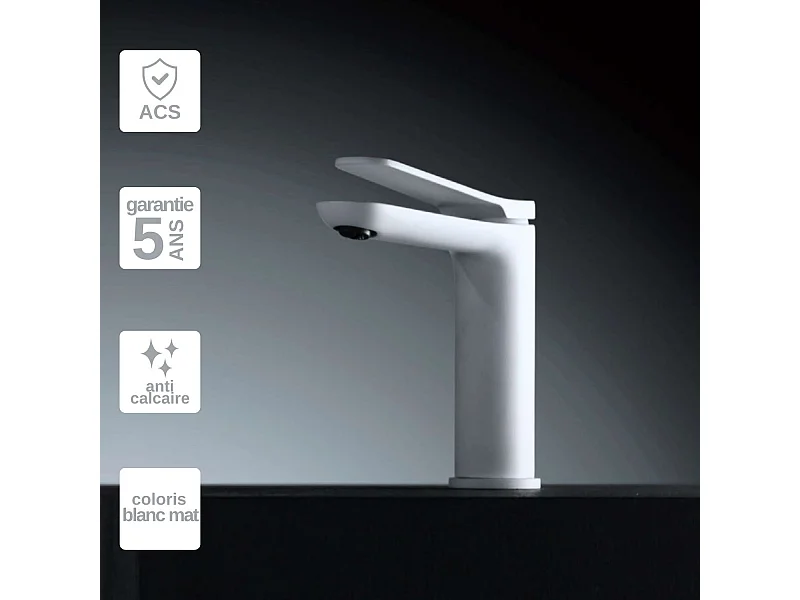 Mitigeur Lavabo Salle de Bain blanc mat – Bec Bas Anti-Calcaire – Design Moderne - DINAMARCA IMEX