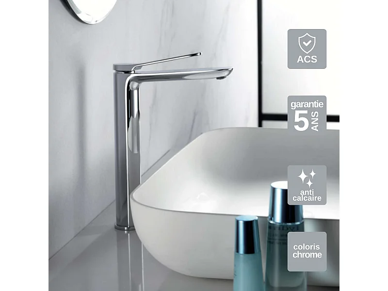 Mitigeur Lavabo Salle de Bain chromé – Bec Haut Anti-Calcaire – Design moderne - DINAMARCA IMEX