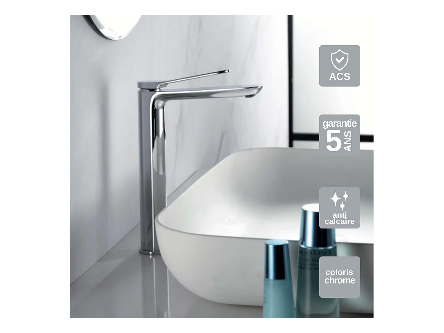 Mitigeur Lavabo Salle de Bain chromé – Bec Haut Anti-Calcaire – Design moderne - DINAMARCA IMEX