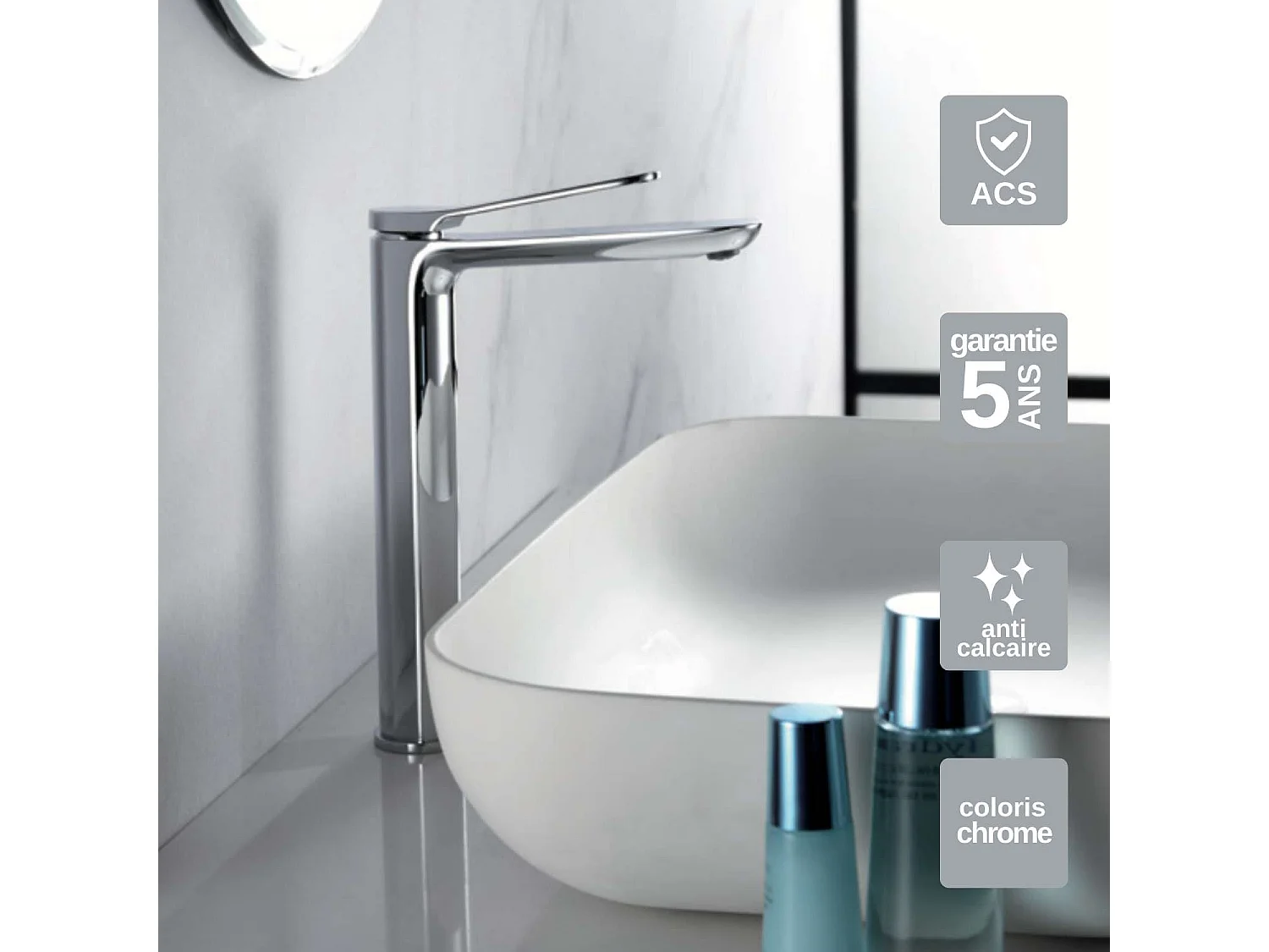 Mitigeur Lavabo Salle de Bain chromé – Bec Haut Anti-Calcaire – Design moderne - DINAMARCA IMEX