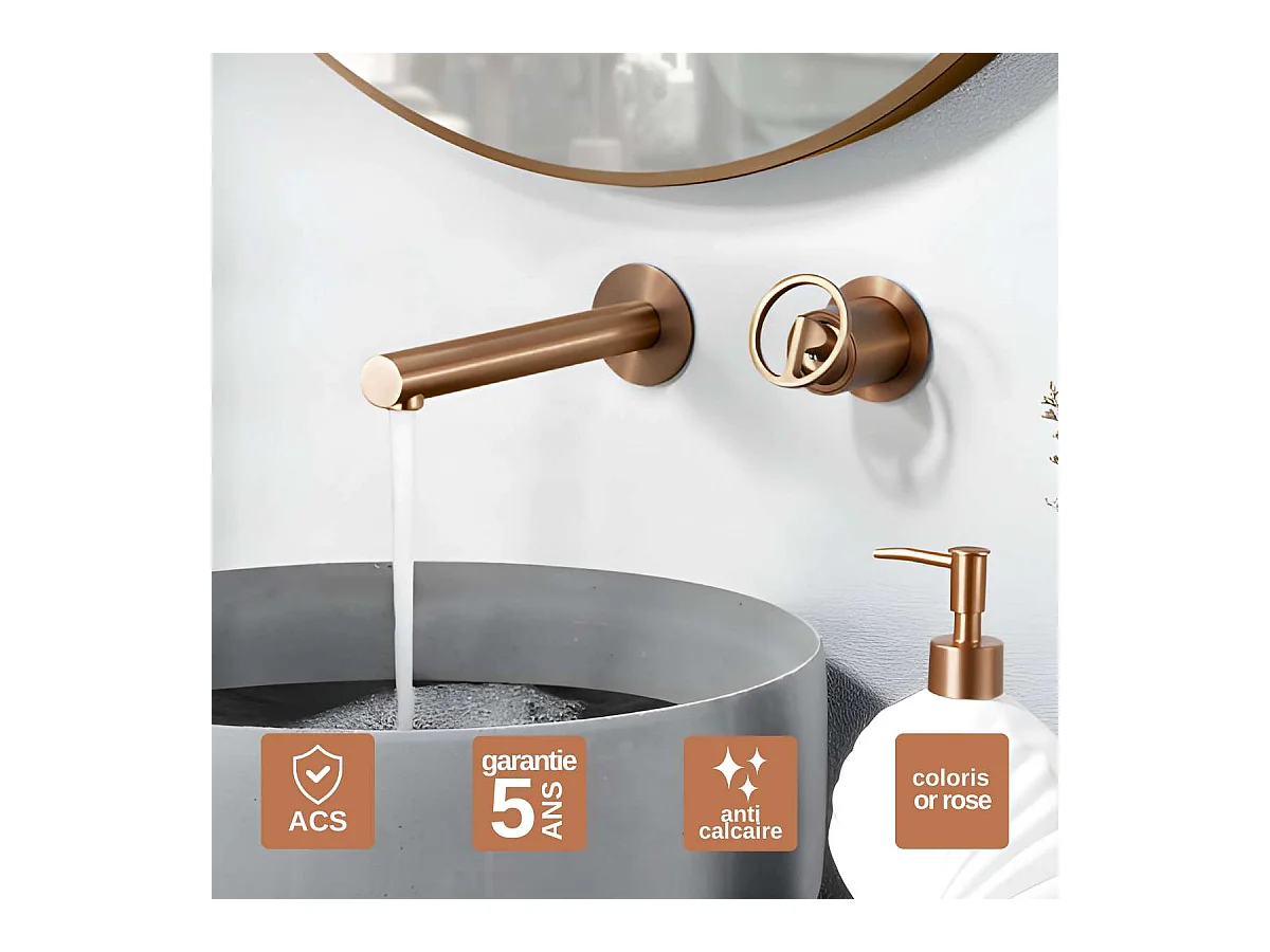 Mitigeur Lavabo Encastré Salle de Bain or rose cuivrée – Anti-Calcaire – Design Moderne - OLIMPO IMEX