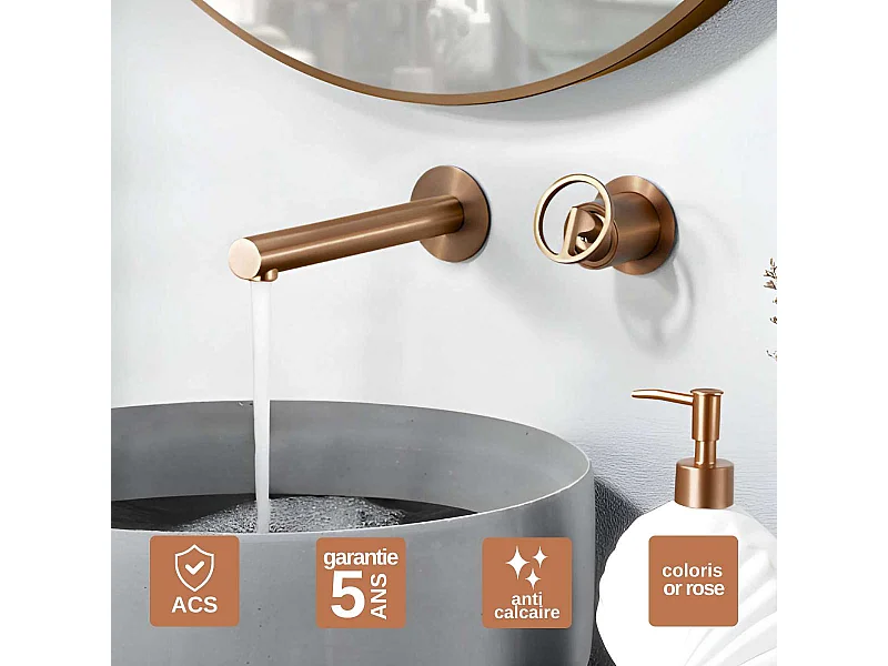 Mitigeur Lavabo Encastré Salle de Bain or rose cuivrée – Anti-Calcaire – Design Moderne - OLIMPO IMEX