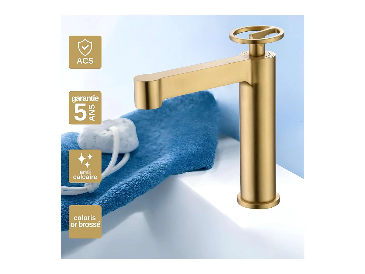 Mitigeur Lavabo Salle de Bain or brossé – Bec Bas Anti-Calcaire – Design moderne - OLIMPO IMEX