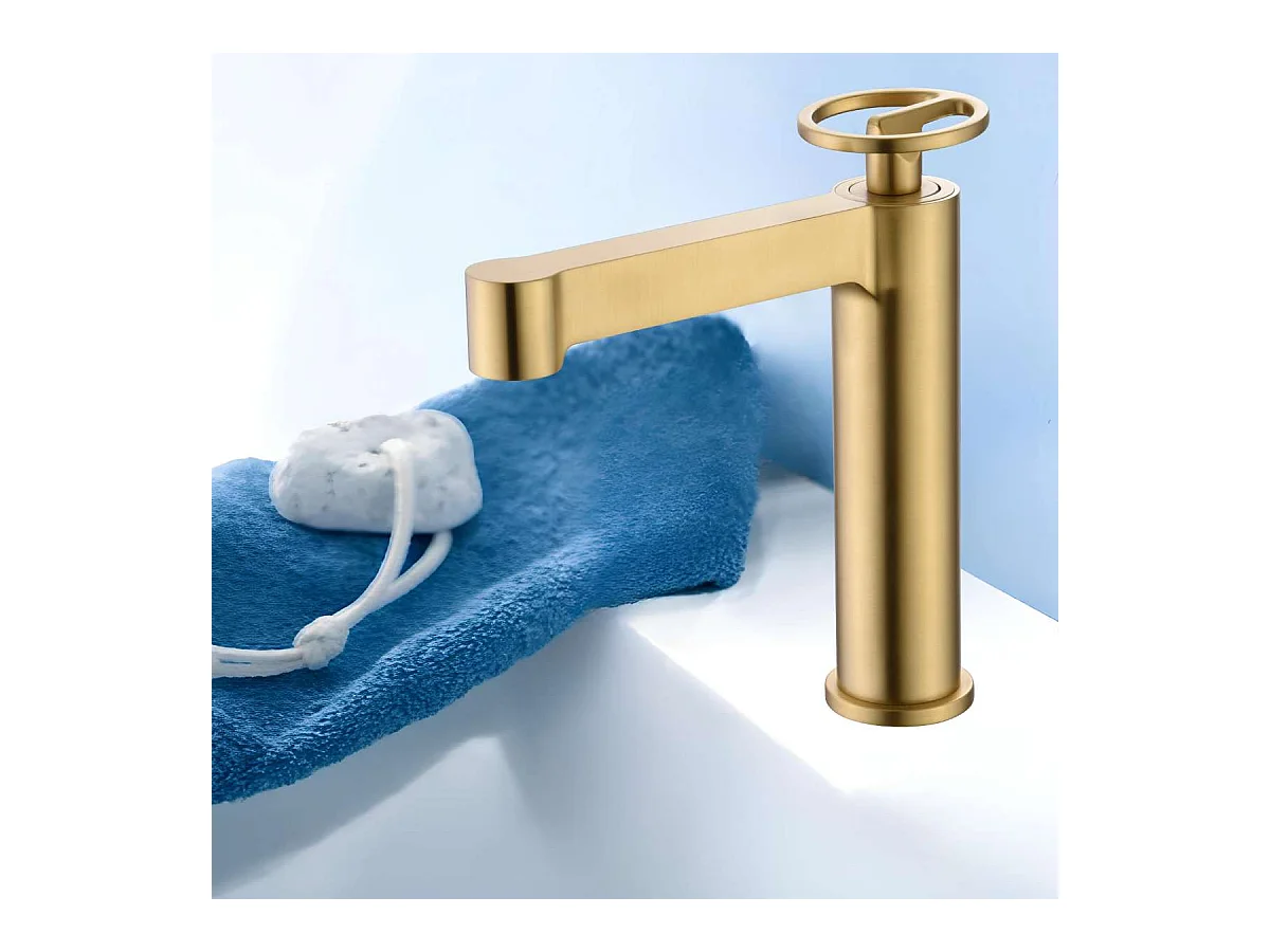 Mitigeur Lavabo Salle de Bain or brossé – Bec Bas Anti-Calcaire – Design moderne - OLIMPO IMEX