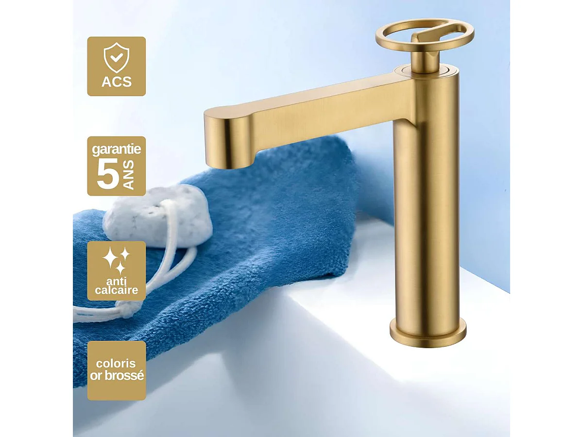 Mitigeur Lavabo Salle de Bain or brossé – Bec Bas Anti-Calcaire – Design moderne - OLIMPO IMEX