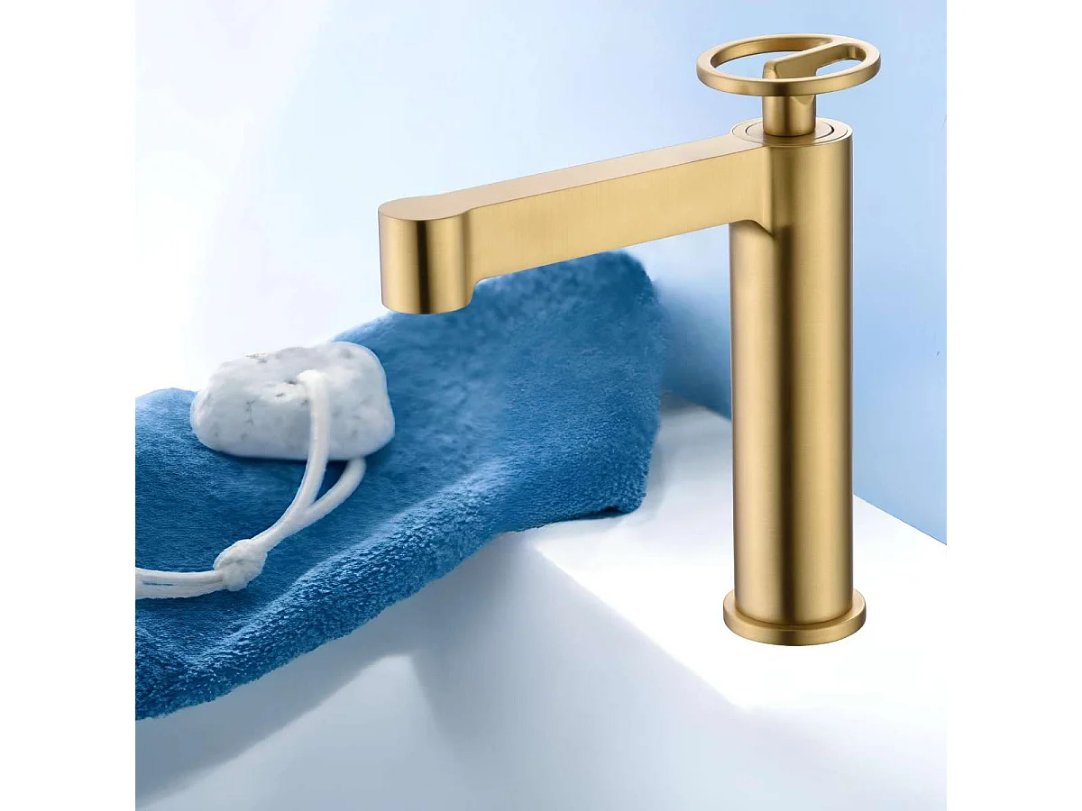 Mitigeur Lavabo Salle de Bain or brossé – Bec Bas Anti-Calcaire – Design moderne - OLIMPO IMEX