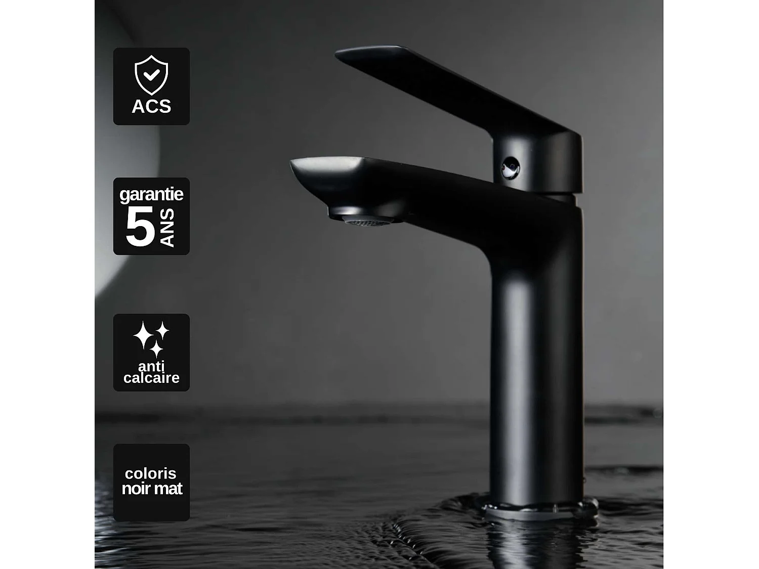 Mitigeur Lavabo Salle de Bain noir mat – Bec Bas Anti-Calcaire – Design moderne - LUXOR IMEX