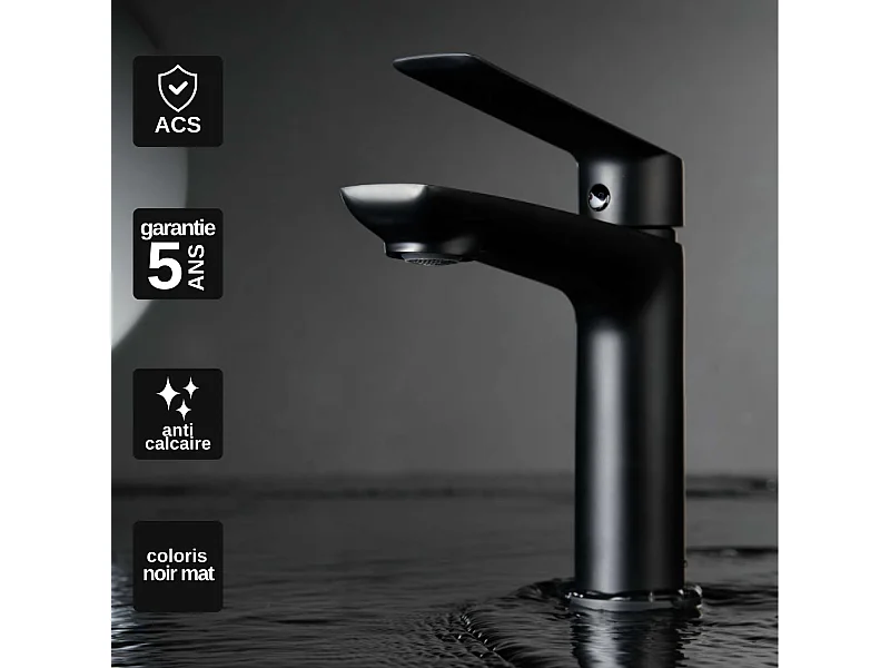 Mitigeur Lavabo Salle de Bain noir mat – Bec Bas Anti-Calcaire – Design moderne - LUXOR IMEX