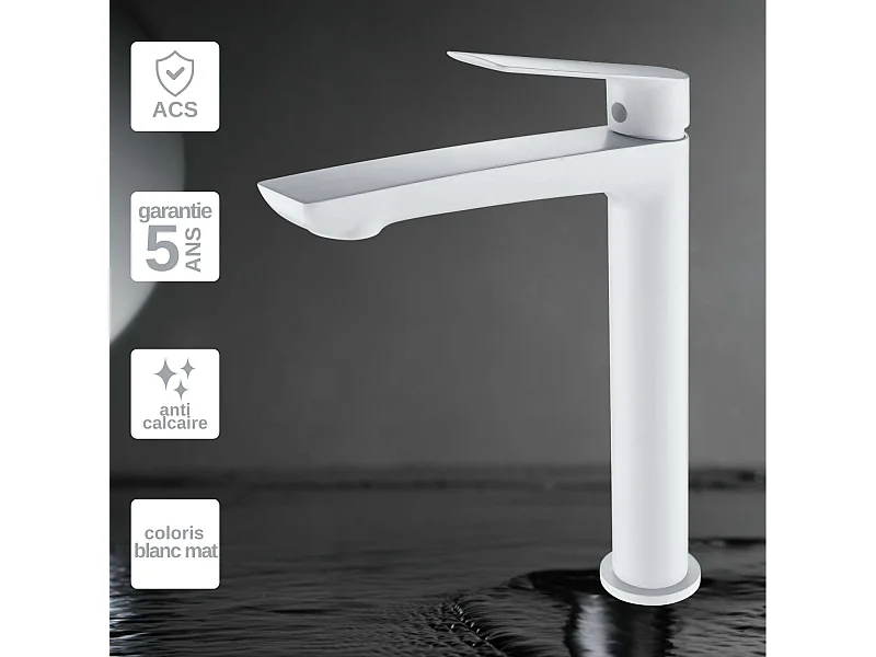 Mitigeur Lavabo Salle de Bain blanc mat – Bec Haut Anti-Calcaire – Design moderne - LUXOR IMEX
