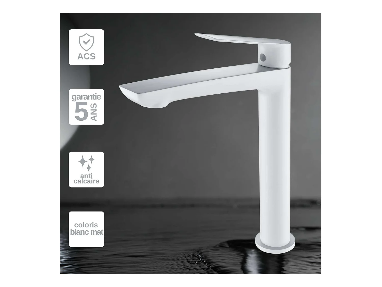 Robinet Mitigeur de Lavabo Anti-Calcaire Bec Haut Blanc Mat IMEX LUXOR BDX023-3BL
