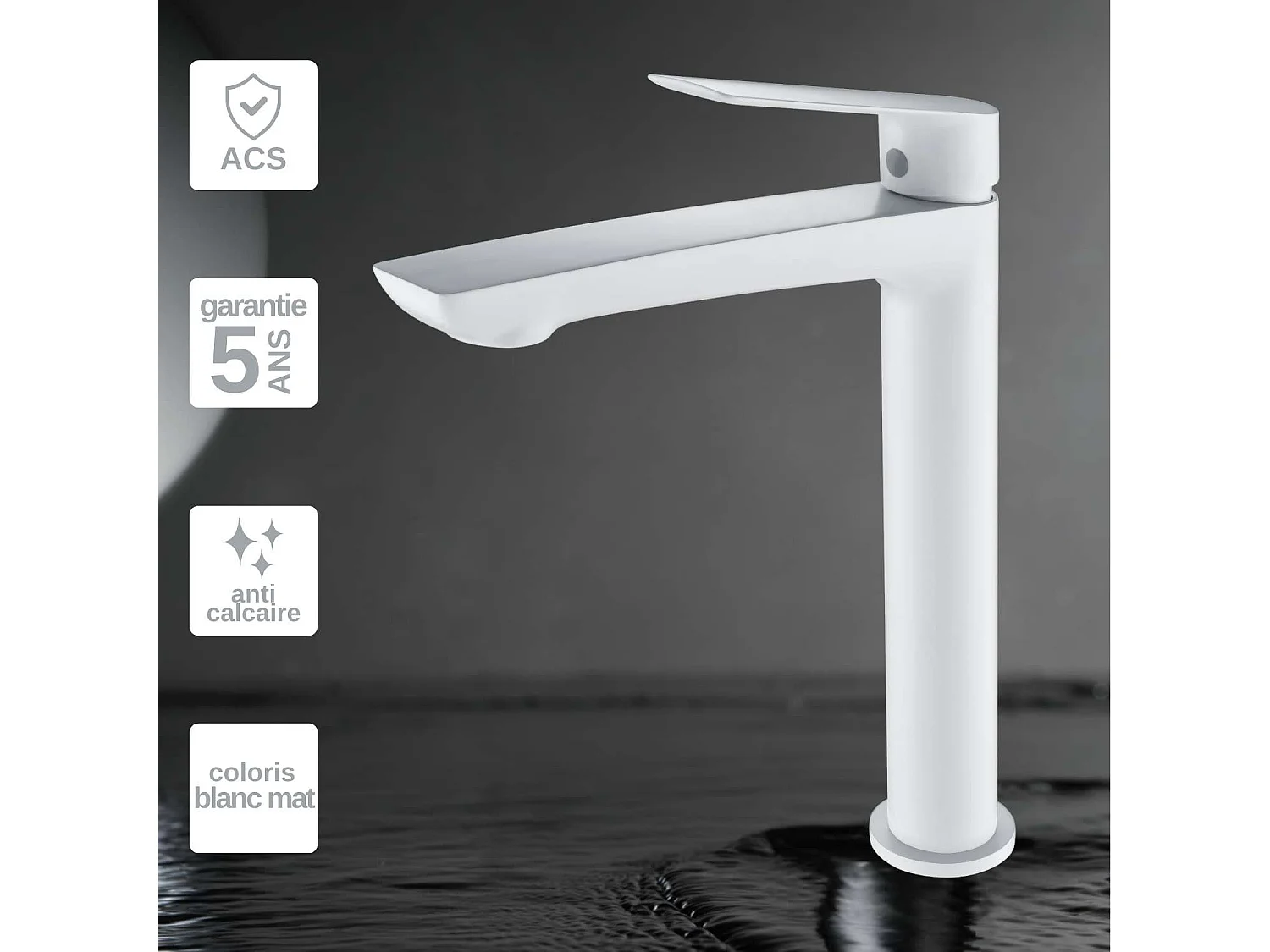 Mitigeur Lavabo Salle de Bain blanc mat – Bec Haut Anti-Calcaire – Design moderne - LUXOR IMEX